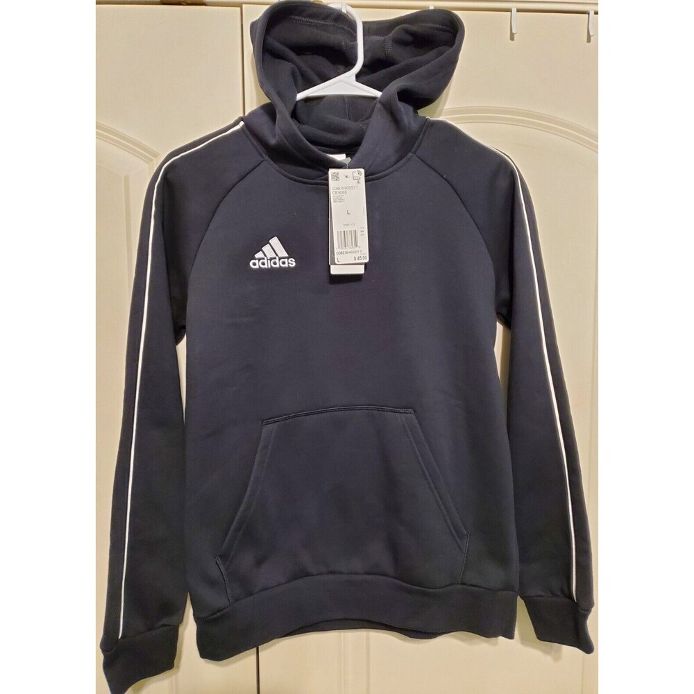 Adidas Youth (8-20) Core 18 Hoodie Hoody Black/ W/White Stripe Arms -Size LARGE